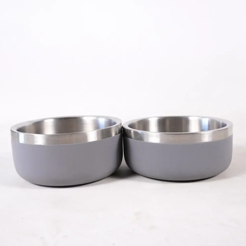 Stainless Steel Dog Cat Pet Bowl Food Water Dish Feeder x2 Gray Powder Coated